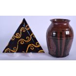 AN ENGLISH STUDIO POTTERY TRIANGULAR TREACLE GLAZED DISH together with a vase. Dish 16 cm wide, vase