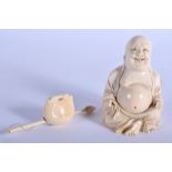 A 19TH CENTURY CHINESE CARVED IVORY FIGURE OF A BUDDHA Late Qing, together with an ivory pole. Buddh
