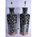 A VERY LARGE PAIR OF 19TH CENTURY CHINESE FAMILLE NOIRE VASES Kangxi style, converted to lamps, pain