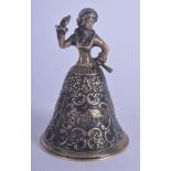 A SMALL 19TH CENTURY CONTINENTAL SILVER FIGURAL BELL probably Dutch. 3.3 oz. 10 cm high.