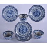 A SET OF THREE 19TH CENTURY CHINESE BLUE AND WHITE BARBED TEABOWLS AND SAUCERS Kangxi style, togethe