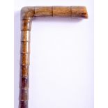 A 19TH CENTURY CONTINENTAL CARVED FULL LENGTH RHINOCEROS HORN WALKING CANE of bamboo form. 88 cm lon