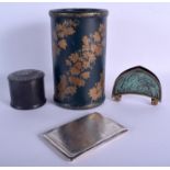 A CHINOISERIE HALCYON DAYS LACQUERED VASE together with a bronze card holder etc. (4)