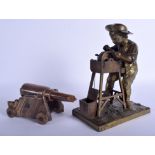 A 19TH CENTURY EUROPEAN BRONZE FIGURE OF A MALE ON A GRINDING WHEEL with match striker, together wit