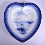 Royal Crown Derby heart shaped dish painted with an estuary scene in blue by WEJ Dean. 22.5 cm wide.