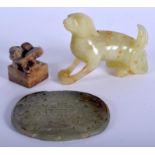 A 19TH CENTURY CHINESE MUTTON JADE SEAL Qing, together with a jade plaque and dog. Largest 7.5 cm wi