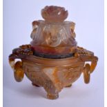 A 19TH CENTURY CHINESE CARVED AGATE CENSER AND COVER decorated with mask heads and foliage. 12 cm x