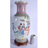A LARGE CHINESE REPUBLICAN PERIOD FAMILLE ROSE VASE converted to a lamp. Vase 47 cm x 19 cm.