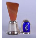 A DANISH SILVER ENAMEL SALT and a bell. (2)