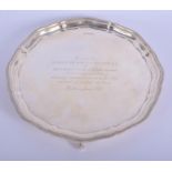 A SILVER PRESENTATION SALVER of Parliamentary interest, gifted to Barker Sir Harold Wilson. 19.5 oz.