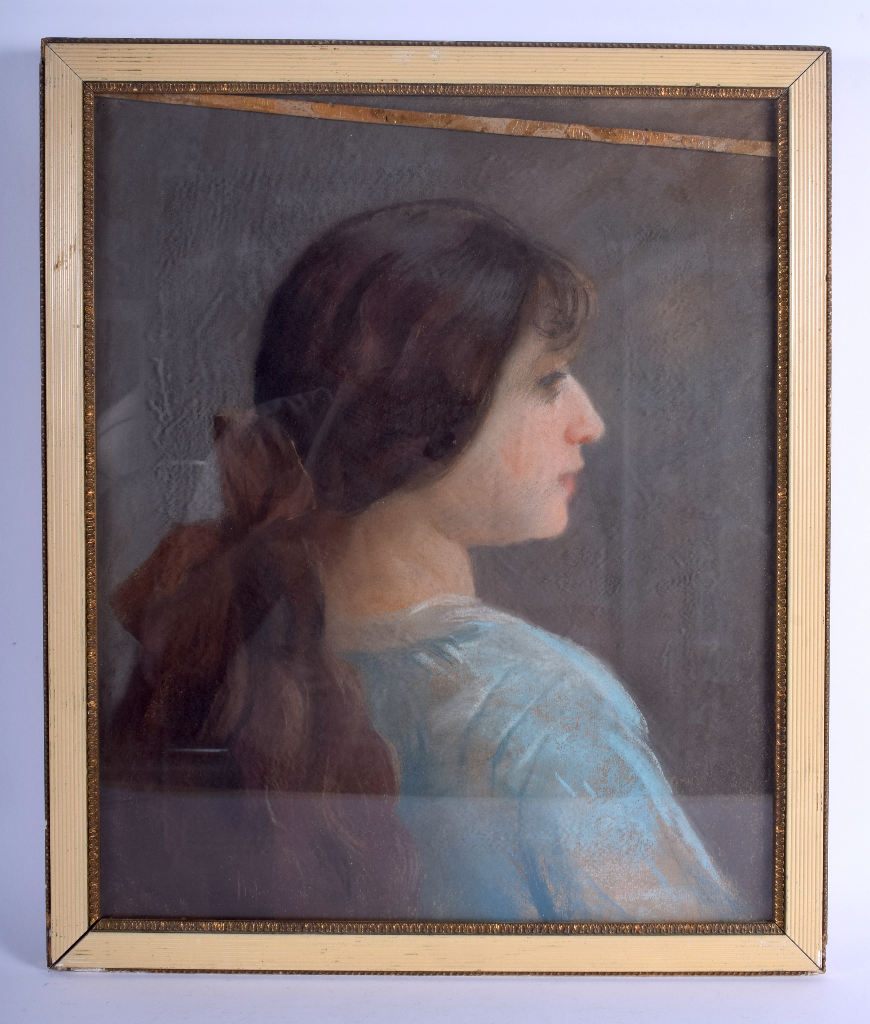 English School (C1910) Pastel, girl in blue. Image 42 cm x 35 cm.