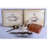 A PAIR OF CONTINENTAL ANTIQUE STYLE PRINTS together with a pestle & mortar etc. (qty)