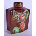 A RARE ART DECO CARLTONWARE ROUGE ROYALE TEA CADDY AND COVER enamelled with birds. 10.5 cm x 14 cm.