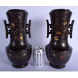 A LARGE PAIR OF 19TH CENTURY JAPANESE MEIJI PERIOD TWIN HANDLED BRONZE VASES decorated with birds am