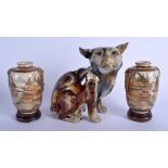A PAIR OF EARLY 20TH CENTURY JAPANESE MEIJI PERIOD SATSUMA VASES together with a pottery cat. Larges