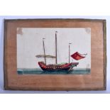 A 19TH CENTURY CHINESE FRAMED PITH PAPER WATERCOLOUR Qing, depicting a boat at sea. Image 30 cm x 18