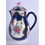 Worcester sparrowbeak jug and cover painted with flowers on a blue scale ground. 13 cm high.