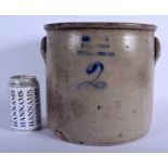 AN ANTIQUE AMERICAN NEW BRUNSWICK SALT GLAZED POTTERY CROCK by A J Buttler. 22 cm x 22 cm.