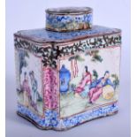 AN 18TH CENTURY CHINESE CANTON ENAMEL TEA CADDY AND COVER Qianlong, painted with figures in gardens.