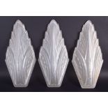 A STYLISH SET OF THREE ART DECO GLASS WALL PLAQUE by Verrerie Des Hanots, of highly stylised form.