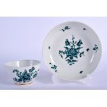 James Giles decorated Chinese teabowl and saucer painted with green flowers outlined in black. 12 cm