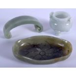 AN EARLY 20TH CENTURY CHINESE ICEY JADEITE CENSER together with a scholars rest etc. Largest 10 cm w