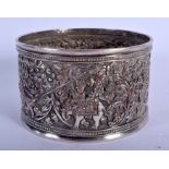 A 19TH CENTURY ELKINGTON & CO SILVER PLATED BOTTLE HOLDEr decorated with hunting scenes. 10 cm diame
