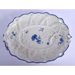 Worcester rare basket weave moulded dish unusually painted in dry blue. 29.5 cm wide.