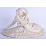 A LARGE 19TH CENTURY CARVED MARBLE FIGURE OF YOUNG LOVERS modelled embracing upon a naturalistic lan