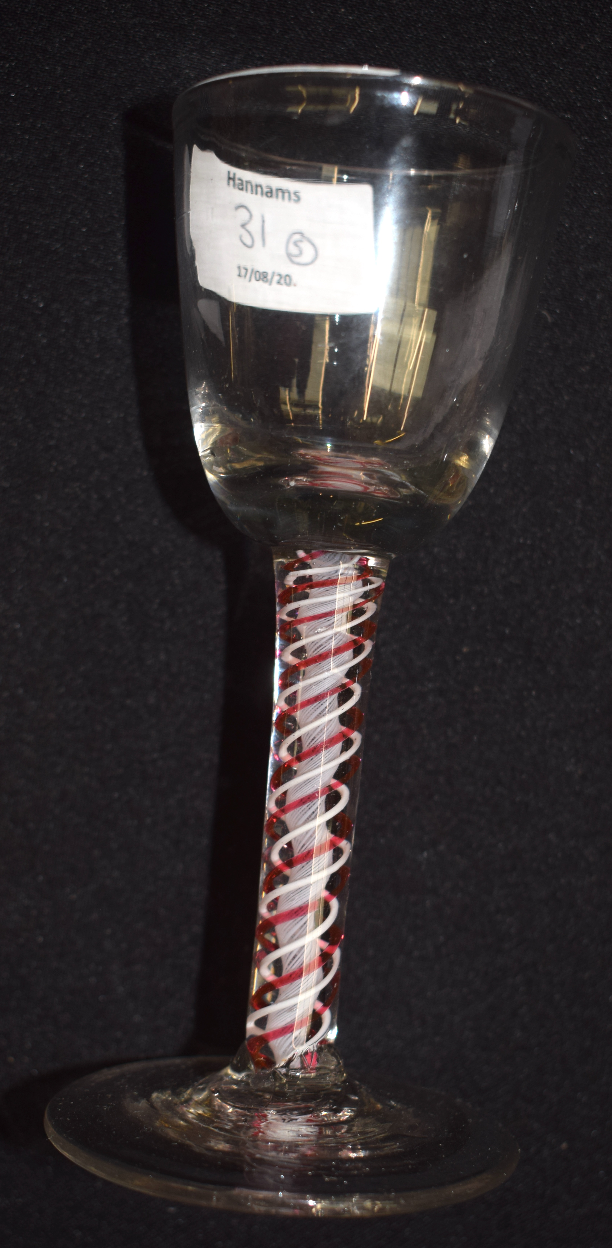 A SET OF FIVE 18TH CENTURY ENGLISH GLASSES C1770 with pink and white spiral twist stems. 16 cm high. - Image 4 of 16