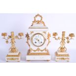 A 19TH CENTURY FRENCH ORMOLU AND MARBLE CLOCK GARNITURE painted with floral swags. Clock 34 cm x 14
