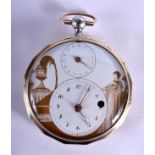 AN UNUSUAL 19TH CENTURY FRENCH SILVER VERGE POCKET WATCH with classical gilt painted dial. 111 grams