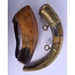 A 19TH CENTURY MIDDLE EASTERN BRASS MOUNTED HORN POWDER HORN together with another. Largest 30 cm wi