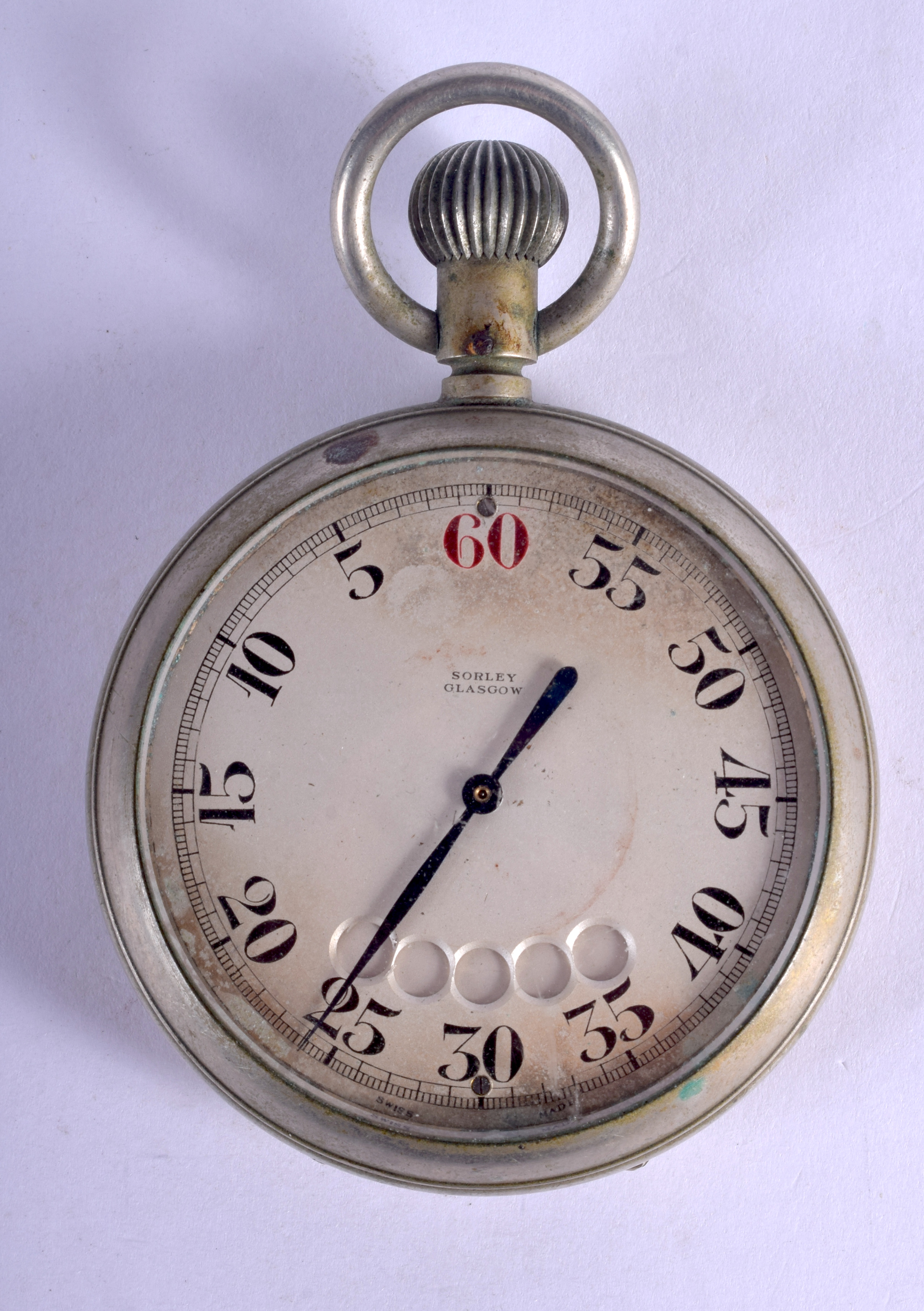 A VINTAGE SORLEY OF GLASGLOW SECONDS POCKET WATCH. 5.5 cm diameter.