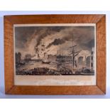 A MID 19TH CENTURY TOPAGRAPHICAL MARITIME PRINT within a burr walnut frame. Image 52 cm x 40 cm.