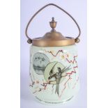 A RARE ANTIQUE AESTHETIC MOVEMENT PAINTED GLASS BISCUIT BARREL enamelled with birds. 23 cm high inc