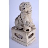 A 17TH/18TH CENTURY CHINESE BLANC DE CHINE FIGURE OF A BUDDHISTIC LION Ming/Qing. 21 cm x 10 cm.