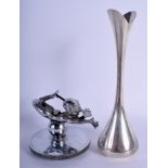 A VINTAGE CHROME IMP CAR MASCOT together with a Danish plated vase. Largest 24 cm high. (2)