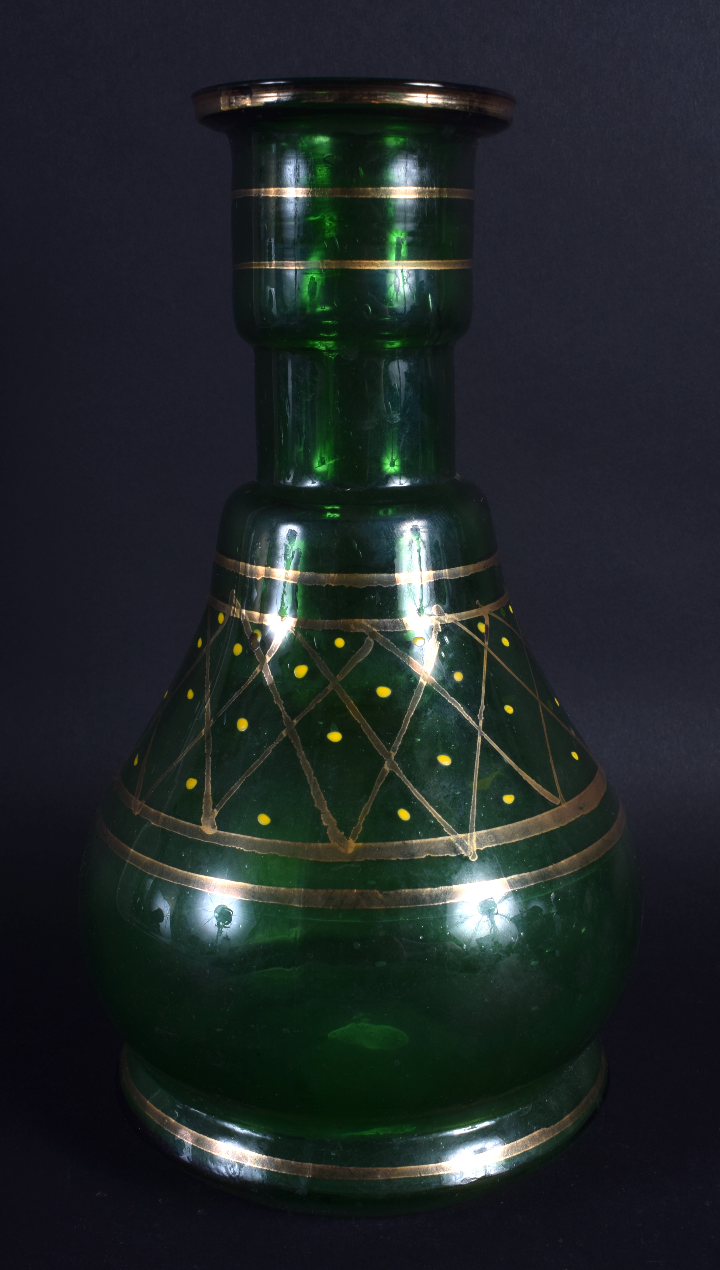 AN EARLY 20TH CENTURY PERSIAN MIDDLE EASTERN ISLAMIC GLASS HOOKAH BASE enamelled with spots. 24 cm h