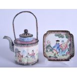 A VERY RARE 18TH CENTURY CHINESE CANTON ENAMEL TEAPOT ON STAND Qianlong, made for the European marke