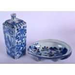 A 17TH/18TH CENTURY JAPANESE BLUE AND WHITE SAKE BOTTLE together with a similar dish. Vase 17 cm hig