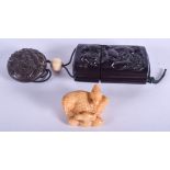 AN EARLY 20TH CENTURY JAPANESE MEIJI PERIOD TAGHUA NUT NETSUKE together with a hard wood inro. Large