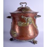 AN ARTS AND CRAFTS COPPER AND BRASS COAL BUCKET AND COVER. 44 cm x 40 cm.
