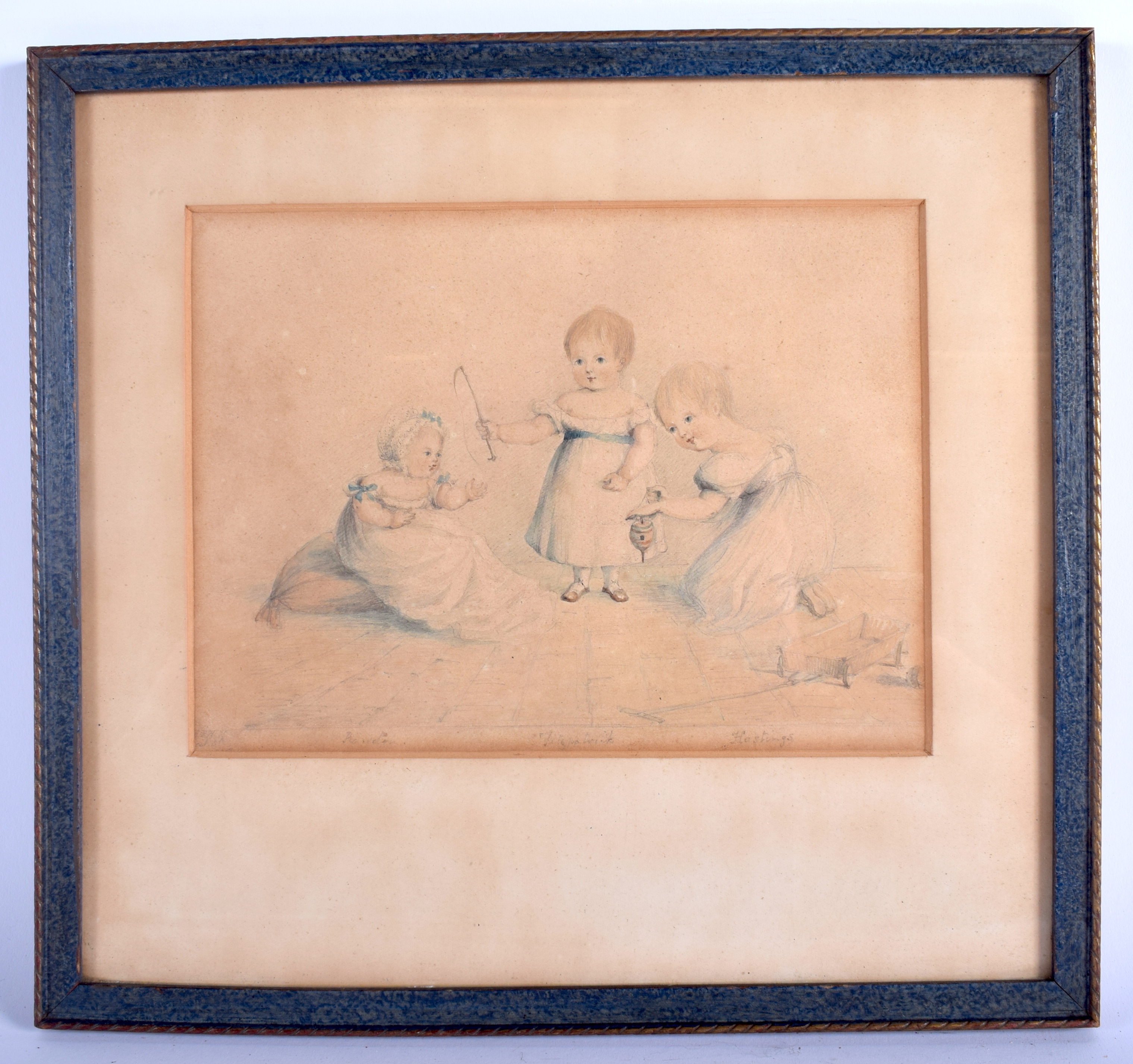 English School (19th Century) Family of three, Watercolour. Image 19 cm x 15 cm.