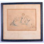 English School (19th Century) Family of three, Watercolour. Image 19 cm x 15 cm.