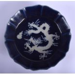 AN UNUSUAL CHINESE QING DYNASTY BLUE GLAZED BRUSH WASHER bearing Xuande marks to base. 19 cm wide.