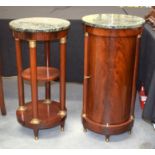 A GOOD PAIR OF EARLY 19TH CENTURY FRENCH BEDSIDE TABLES with ormolu mounts and marble tops. Largest