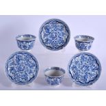 THREE EARLY 20TH CENTURY CHINESE BLUE AND WHITE TEABOWLS AND SAUCERS Kangxi style. (6)
