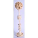 A LARGE 19TH CENTURY CHINESE CANTON CARVED IVORY PUZZLE BALL ON STAND Late Qing. 32 cm x 6 cm.
