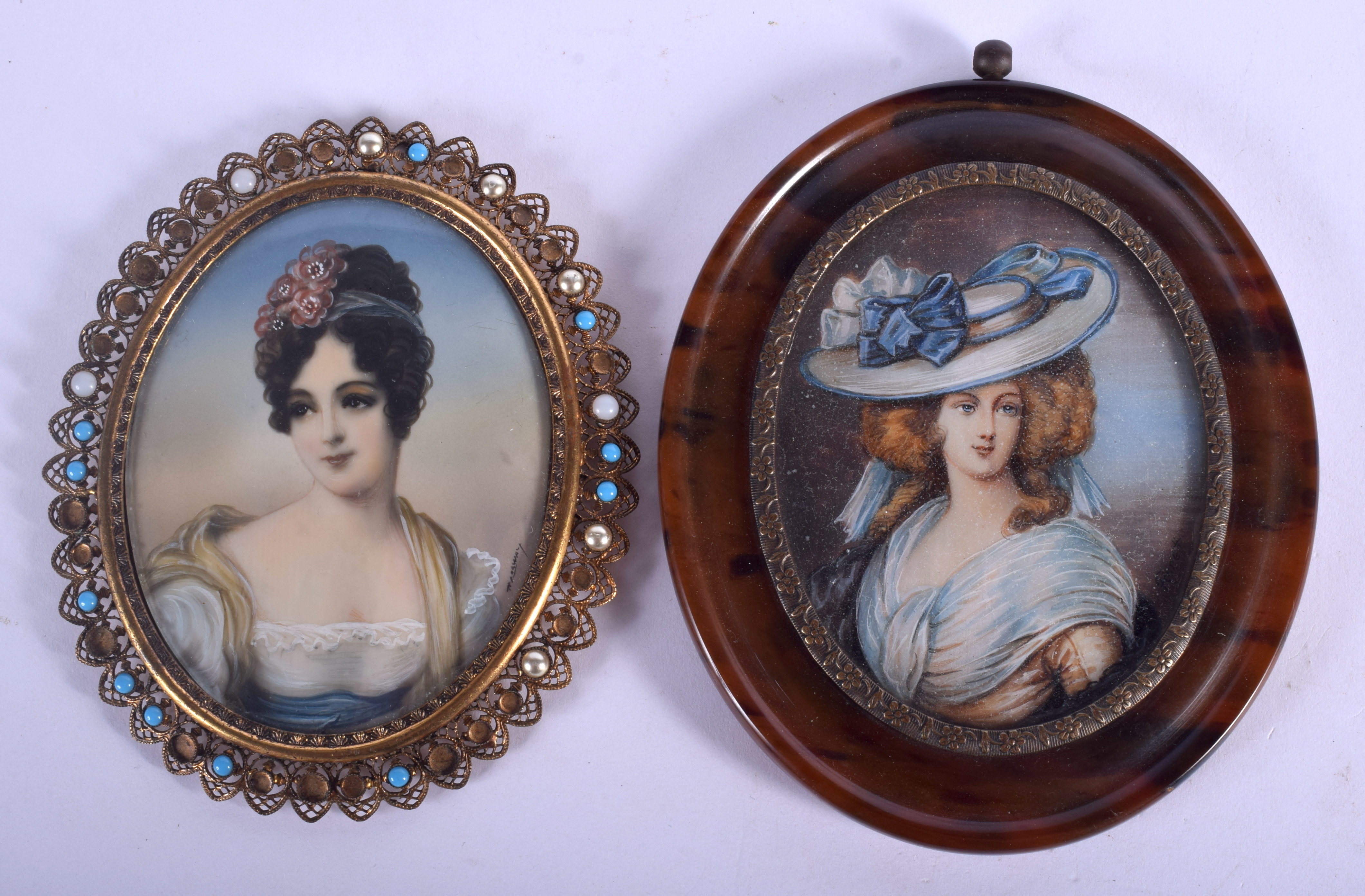 TWO EARLY 20TH CENTURY CONTINENTAL PAINTED IVORY PORTRAIT MINIATURES. Largest image 6 cm x 8.5 cm. (